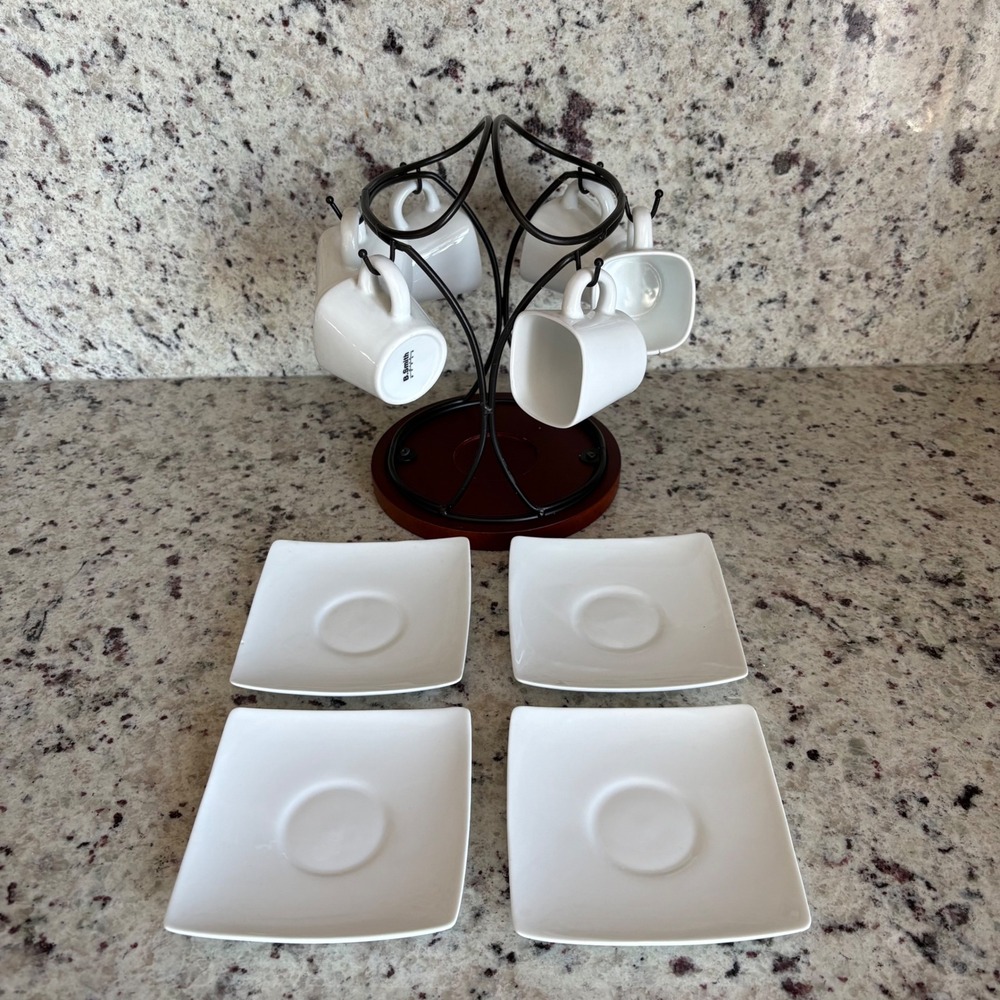 B. Smith Espresso Demitasse Set White Ceramic Square Cups Saucers Metal Rack - Picture 5 of 14